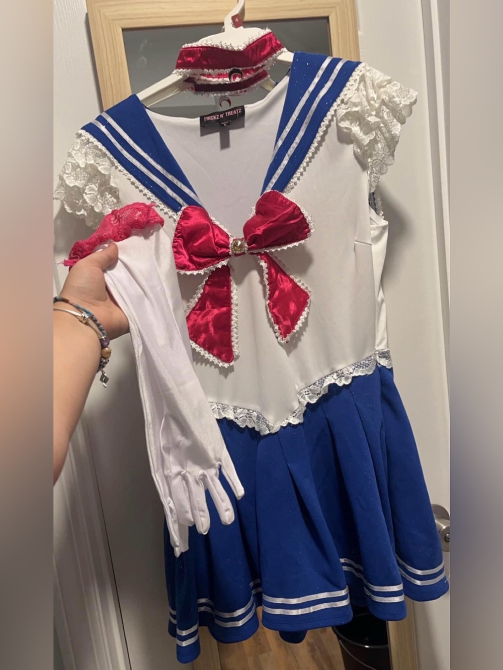 Sailor Schoolgirl Kids Costume Dress with Red Bow - White & Blue